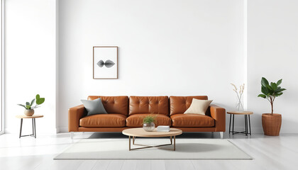 Modern Living Room Interior with Leather Couch and Minimalist Decor