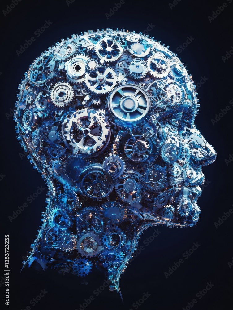 Poster human head silhouette filled with intricate gears and cogs illustrating artificial intelligence and 