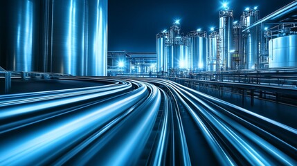 Fototapeta premium Night industrial plant, glowing pipelines, motion blur
