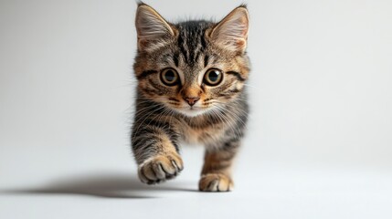 Cute kitten in motion against a plain backdrop.  Possible use pet adoption