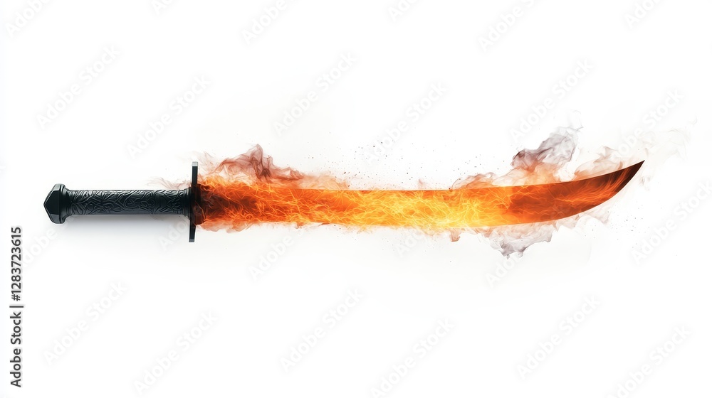 Poster flame-emitting sword with fiery effect and isolated background