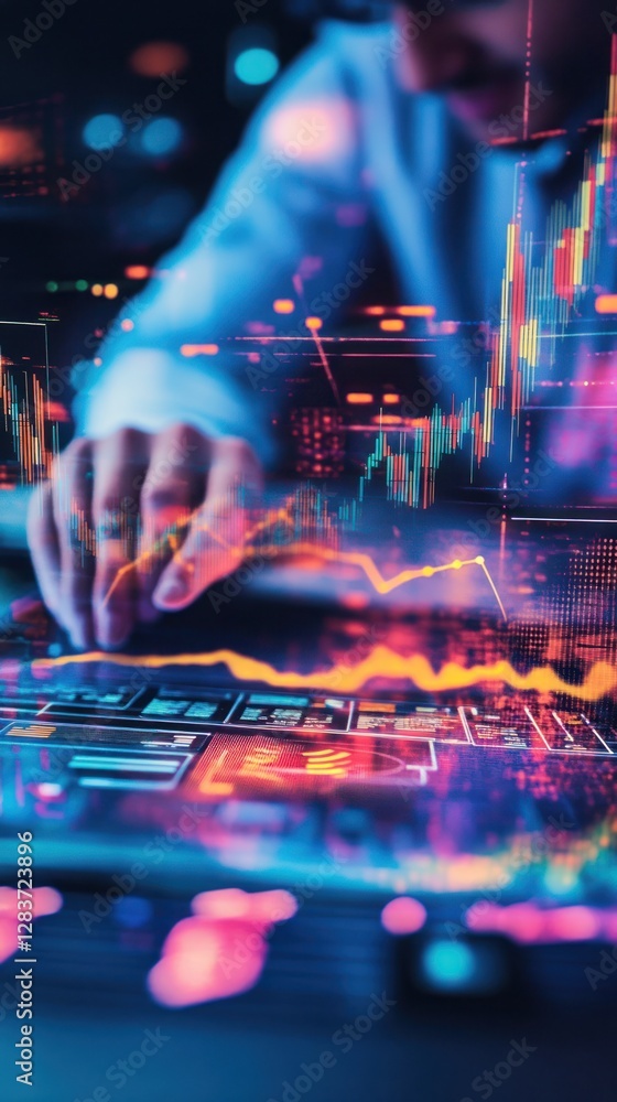 Poster business professional analyzing digital data trends on a touchscreen, with vibrant graphs and analyt