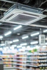 Ceiling-mounted air conditioning unit in a supermarket, enhancing customer comfort while shelves filled with products are visible below
