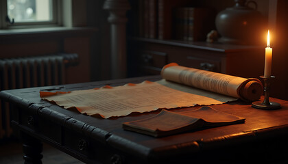 Old scrolls and books on a vintage desk with candlelight