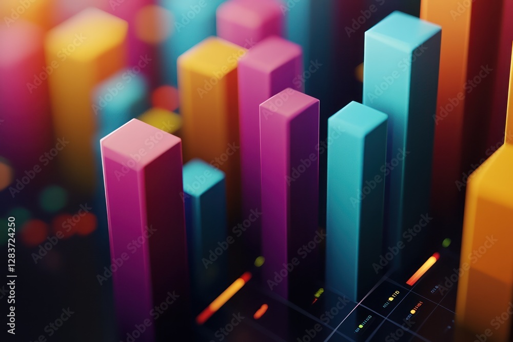 Poster colorful 3d bar graph representing data analysis with vibrant colors and blurred background, ideal f
