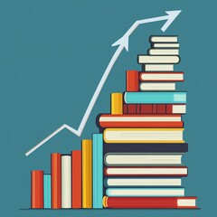 An illustration of colorful stacked books with an upward trend line, representing growth in knowledge and education.