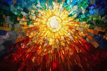 Radiant sunburst mosaic art, with spectrum of colors and textured glass tiles