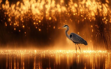 Heron sunrise wetland golden reeds