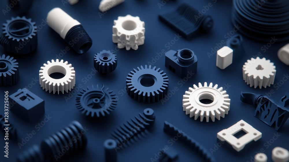 Poster various industrial mechanisms and components on dark surface for engineering design and creative pro