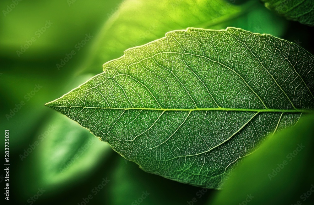 Poster close up of vibrant green leaf showcasing its intricate texture and patterns, emphasizing natural be