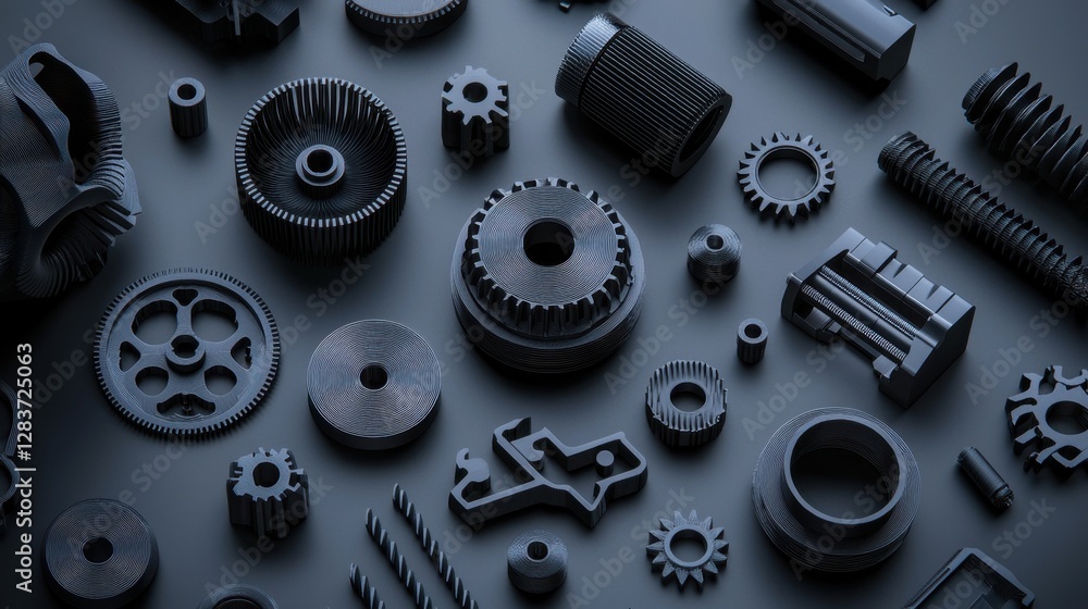 Poster close-up view of various black mechanical parts and components on dark background for engineering an