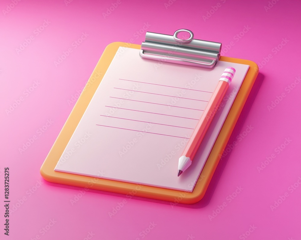 Poster three-dimensional clipboard icon with pencil and notepad on soft pink background