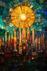 Stained Glass Cityscape: A vibrant metropolis bathed in golden sunlight.