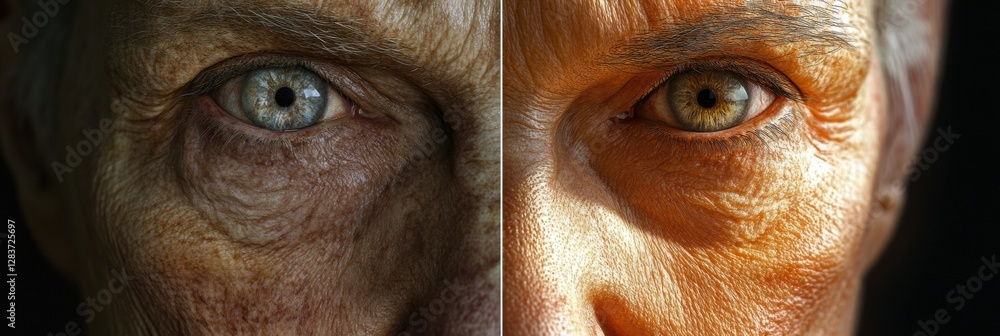 Poster transformation of an aged face to youthful appearance highlighting the contrast in skin texture and 