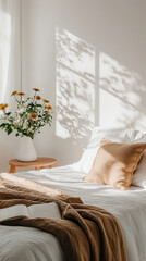 Cozy bedroom with natural light, flowers, and soft bedding creating serene atmosphere