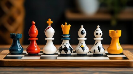 Colorful chess pieces arranged on a classic board, showcasing unique designs and vibrant colors, perfect for game enthusiasts and artistic representation