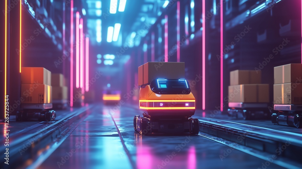 Poster 3d render of agv robots transporting cardboard boxes in an ai-powered automated warehouse with neon 