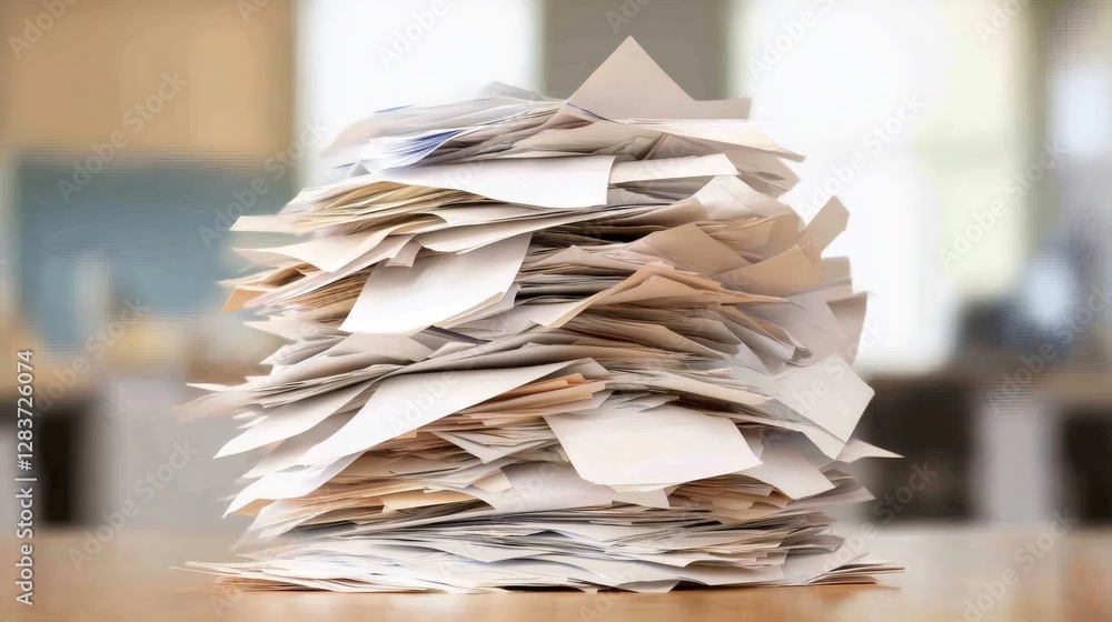 Poster towering pile of papers symbolizes the stress and chaos of multitasking and deadline management in a