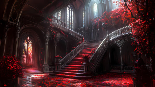 Grand staircase in a dark, gothic-style mansion, bathed in the red glow of autumn leaves. mysterious and elegant. Dark Gothic Cathedral Interior. Illustration