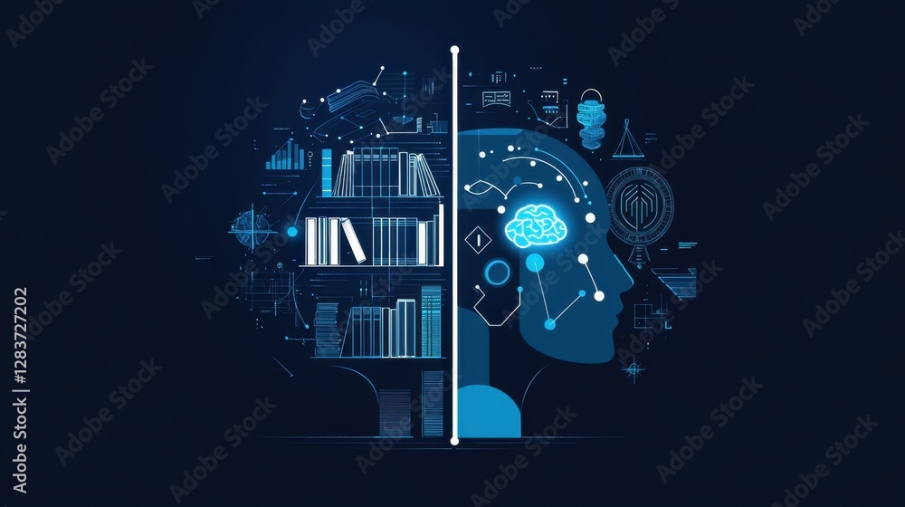 Poster conceptual illustration of human brain and knowledge representation in a digital environment, symbol