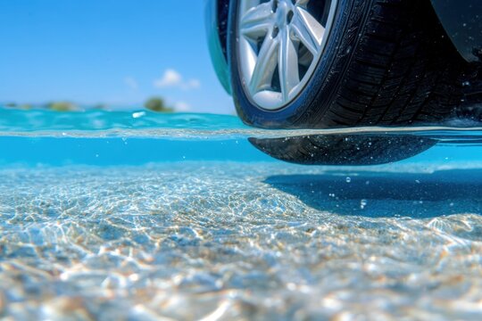 Car tire partially submerged in clear blue water, revealing sandy seabed beneath, split-level underwater view of car wheel. - Powered by Adobe