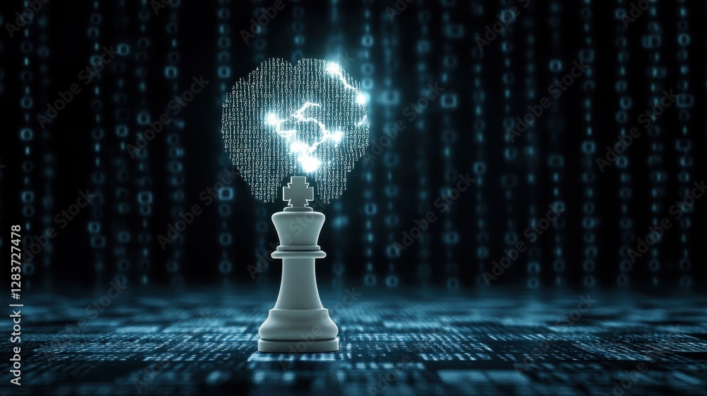 Poster digital chess piece with binary code background illustrating strategy and intelligence in modern tec