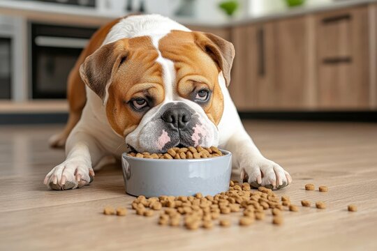 A bulldog lies on a kitchen floor, intently eating kibble from a gray bowl, some spilled around.