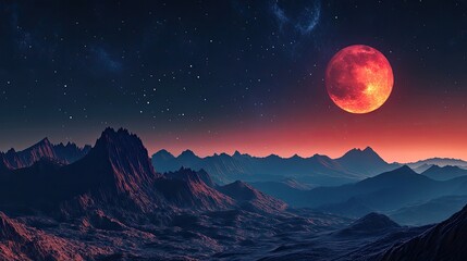 Red moon over the mountains created with Generative AI technology