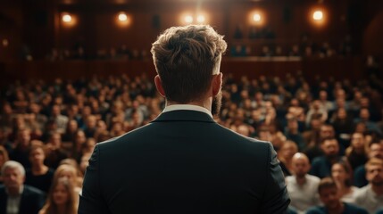 Fototapeta premium A keynote speaker passionately addresses an attentive audience in a well-lit venue, emphasizing impactful communication and the importance of inspiring ideas.