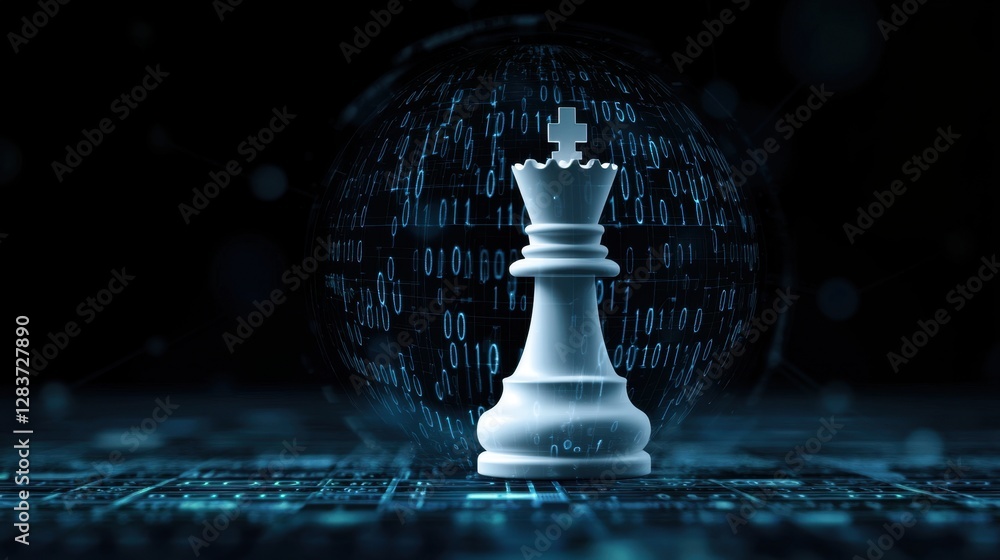Poster chess king on digital background representing strategy and technology in modern gaming and data anal