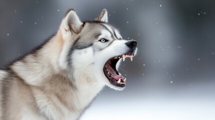Gray and white husky dog with open mouth baring teeth in snowy setting.