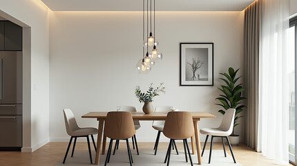 Fototapeta premium Interior design of modern scandinavian dining room 3d rendering 