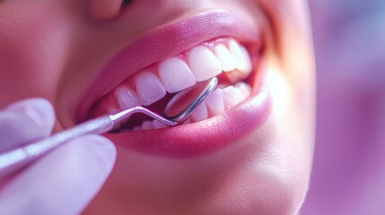 Close-Up of a Professional Dentist Cleaning a Patient&rsquo;s Teeth in a Modern Dental Office, Soft Pastel Background with Clean Lines and Copy Space for Clinic Messages