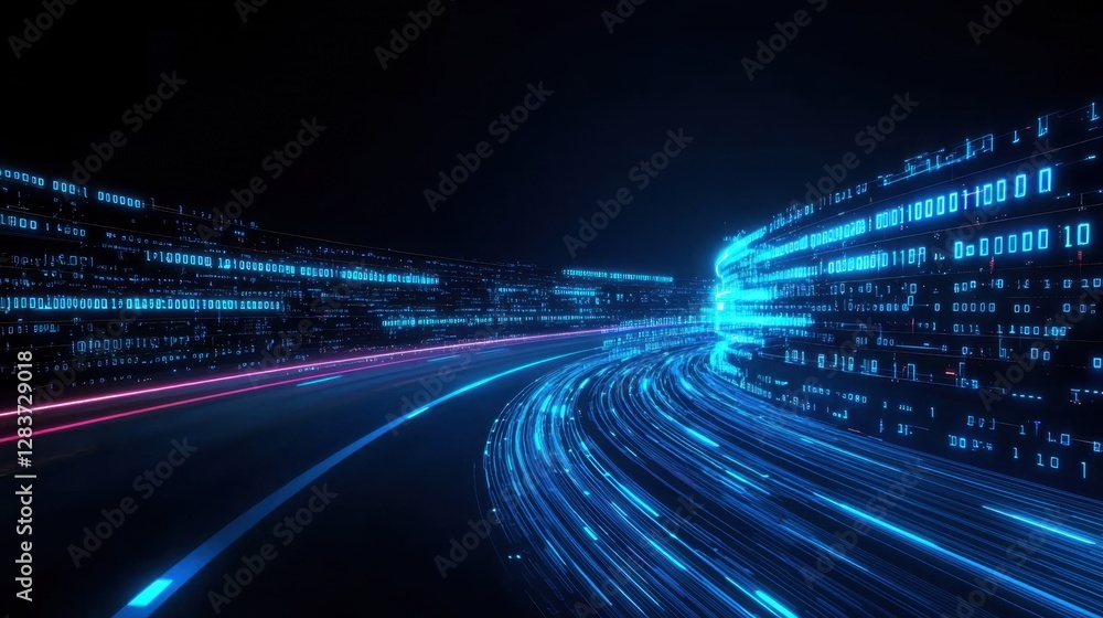 Poster Futuristic Data Stream Visualization with Binary Code and Light Trails in a Dark Environment for Digital Concept and Technology Background