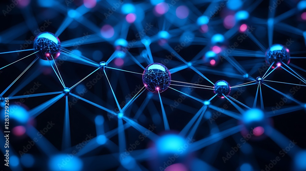 Fototapete glowing balls linked by lines symbolizing a digital network with blurred background