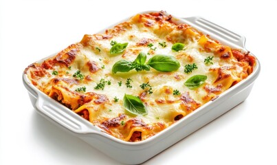 Baked cheesy lasagna with basil in white dish on white