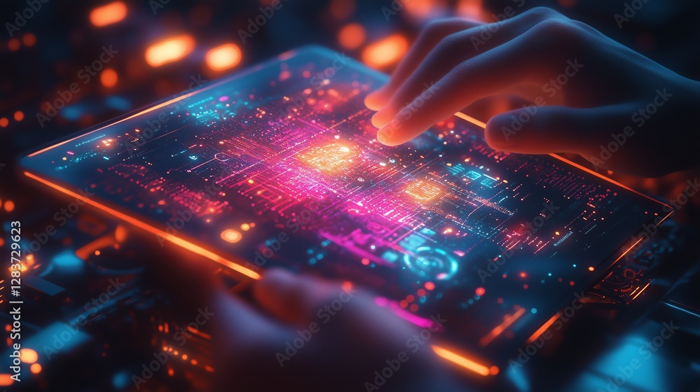 Poster flat vector of hands holding a tablet with an ai-powered factory automation dashboard and blurred ma