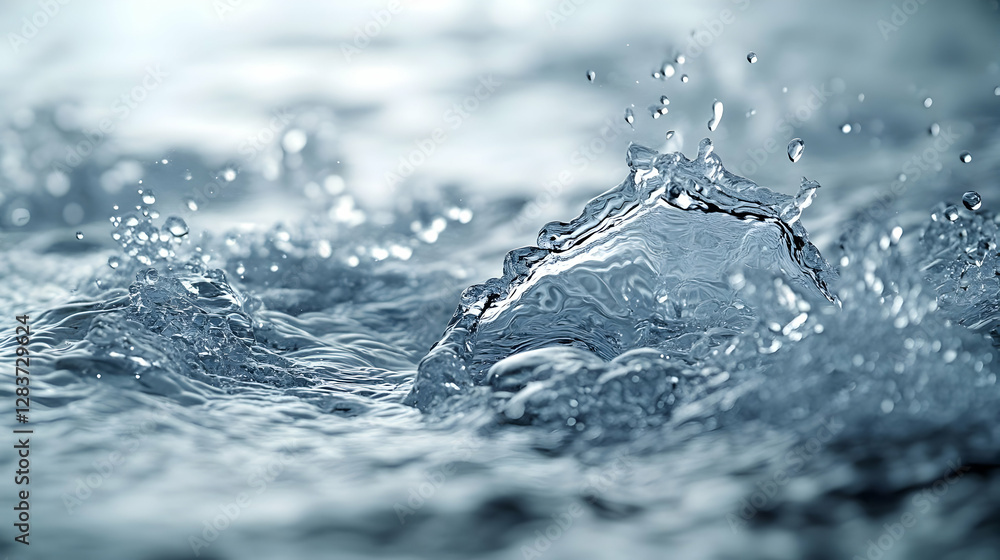 Poster close up of water splashing with dynamic motion in a blue toned environment and abstract forms creat