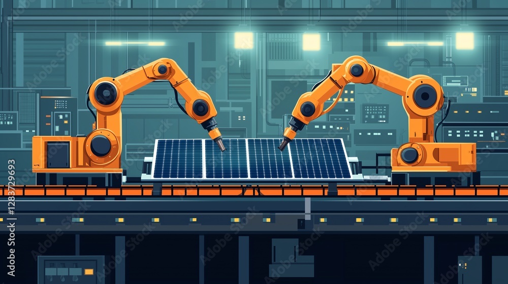 Poster flat vector of robotic arms assembling solar panels on a conveyor belt in a modern automated factory