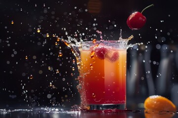 Refreshing Cocktail with Cherry Splash and Citrus Slice Garnish