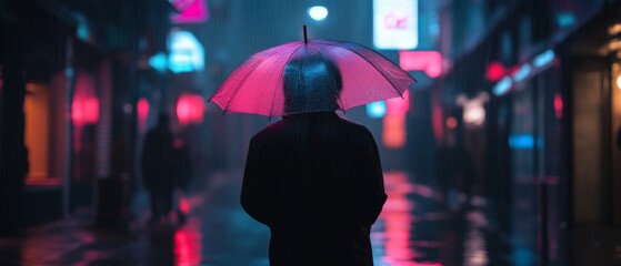 A solitary figure under a pink umbrella walks down a neon-lit alley, enveloped in rain, evoking a sense of solitude and introspection.