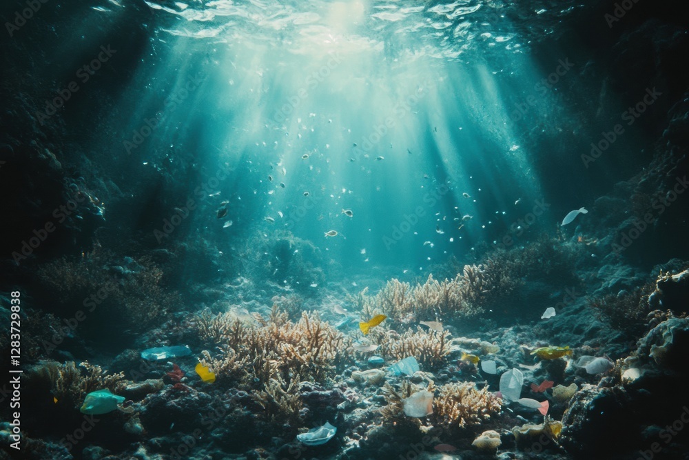 Poster underwater view of damaged coral reef filled with plastic waste and sun rays piercing through the oc