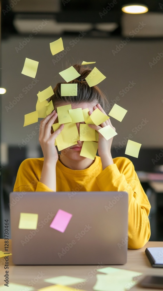 Poster office worker buried under sticky notes, symbolizing multitasking and stress. the scene depicts chao