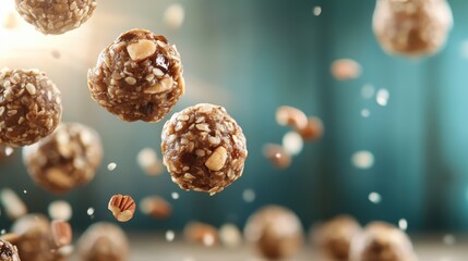 Floating textured energy bites surrounded by nuts capture the essence of natural ingredients, emphasizing health-conscious snacking in an artistic and appealing manner.
