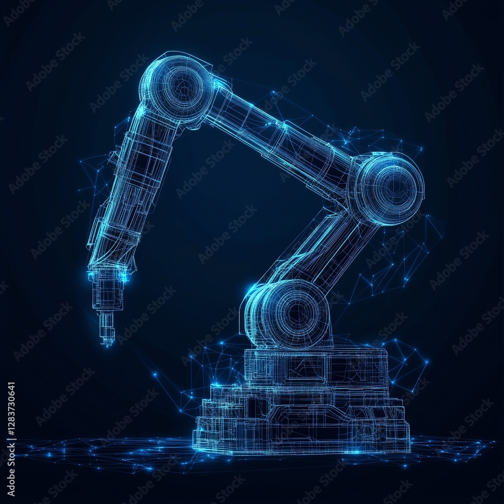 Poster robotic hand machine tool at an industrial manufacturing factory, featuring clean geometric lines an
