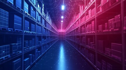 Obraz premium Retail warehouse with shelves of packages, dark blue background, low poly wireframe lines, and clean lines focusing on copy space.
