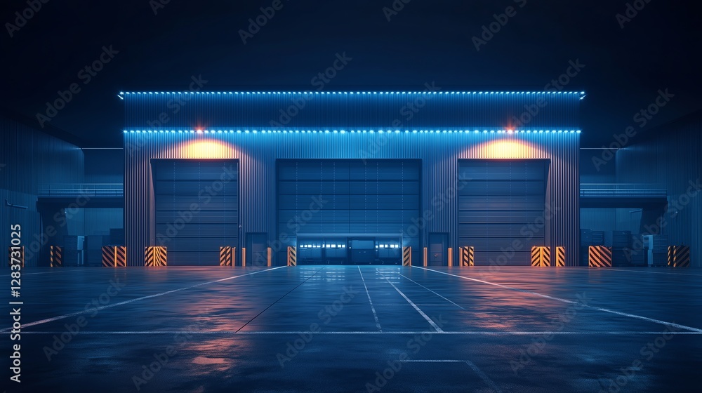 Poster warehouse exterior featuring loading docks, minimalistic design with dark blue background, low poly 