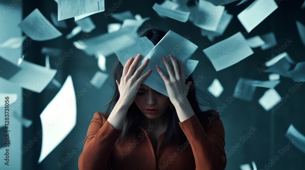 Aufkleber stressed professional stands amidst a flurry of flying papers, symbolizing multitasking and deadline