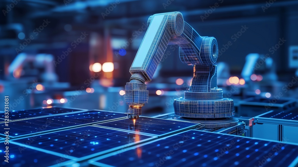 Poster white industrial robot arm assembling solar panels on a production line in a modern factory, featuri