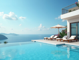 Fototapeta premium Terrace in villa with sunbeds and swimming pool with clear blue water with stunning sea view and sky. Summer resort hotel vacation concept. 
